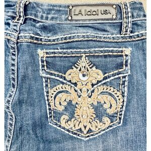 LA Idol USA Womens Bootcut Jeans Size 19 Medium Wash Fleur De Lis Rhinestone Y2K